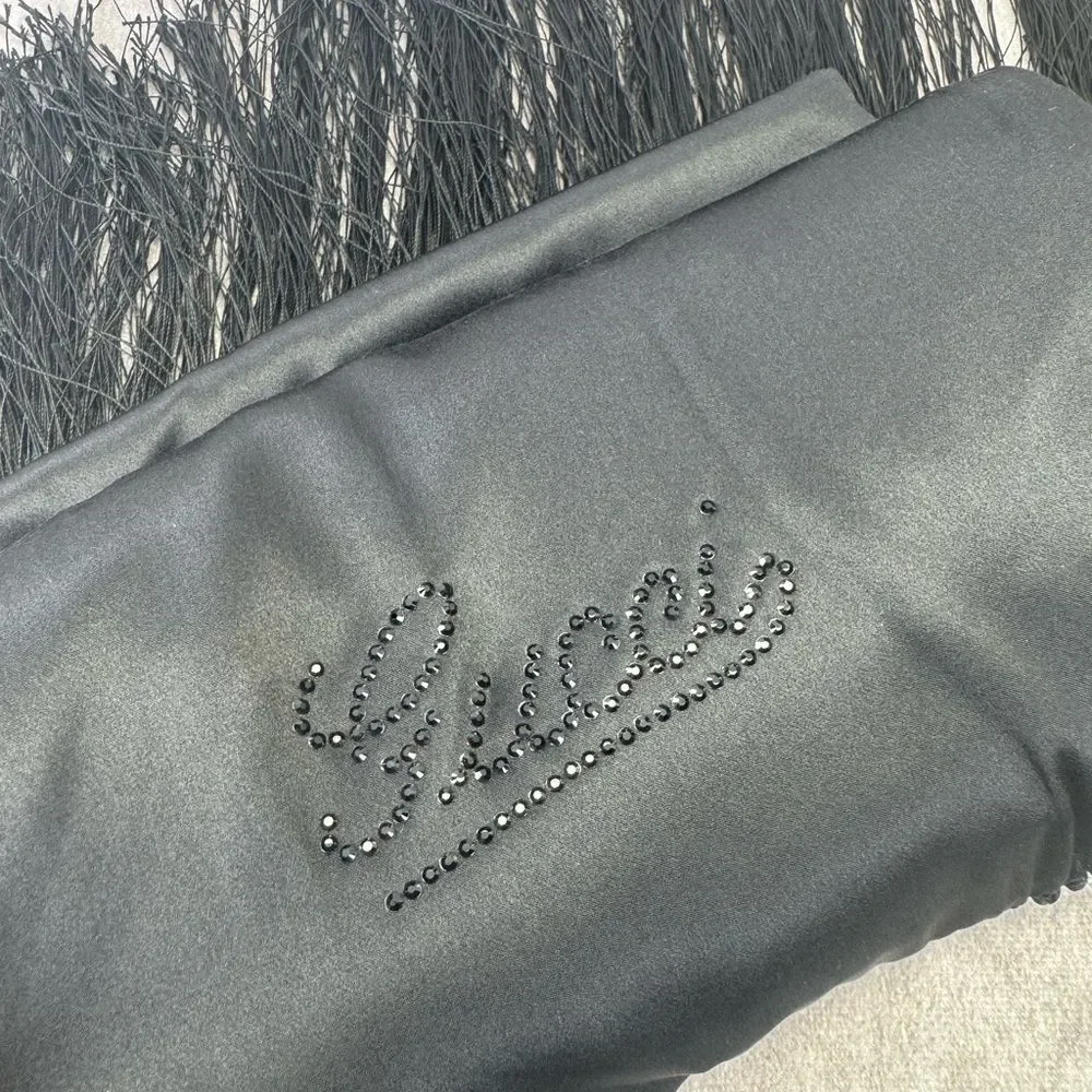 Gucci NWT Crystal Script Logo Velvet & Satin Fringe Scarf